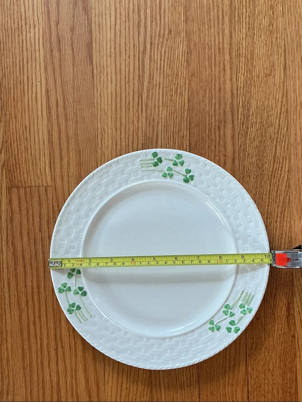 Shamrock Side Plate White Ceramic Dinner Plate with Green Clover Accent.